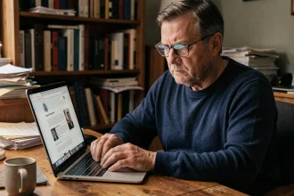 Homme consultant une page Wikipedia sur un ordinateur portable, illustrant la propagation de rumeurs en ligne sur les réseaux sociaux