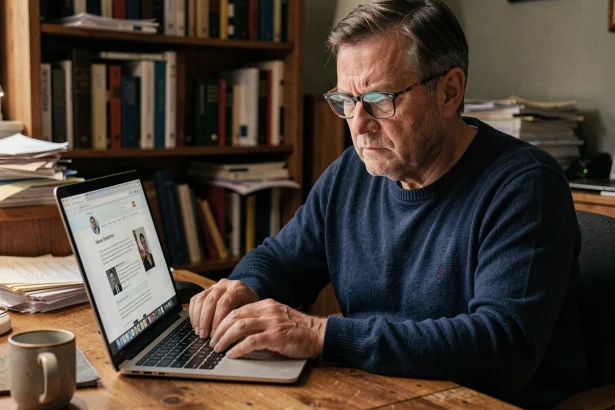 Homme consultant une page Wikipedia sur un ordinateur portable, illustrant la propagation de rumeurs en ligne sur les réseaux sociaux