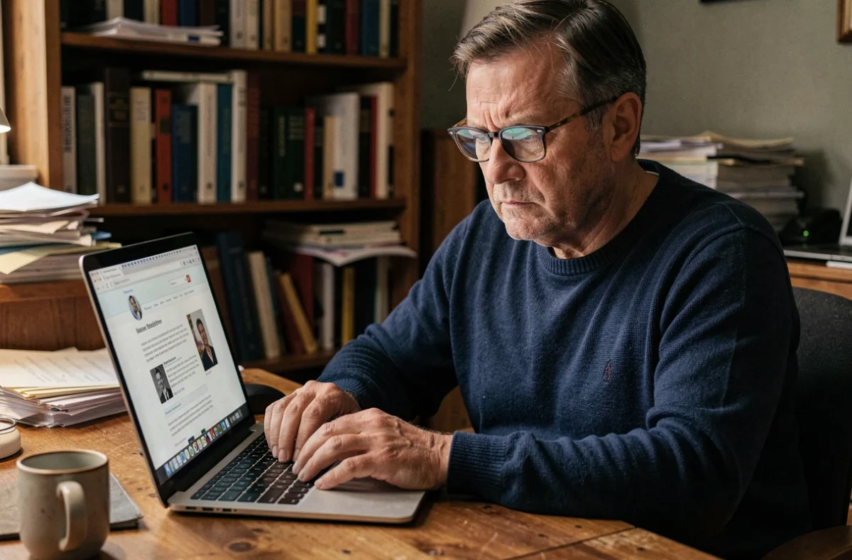 Homme consultant une page Wikipedia sur un ordinateur portable, illustrant la propagation de rumeurs en ligne sur les réseaux sociaux