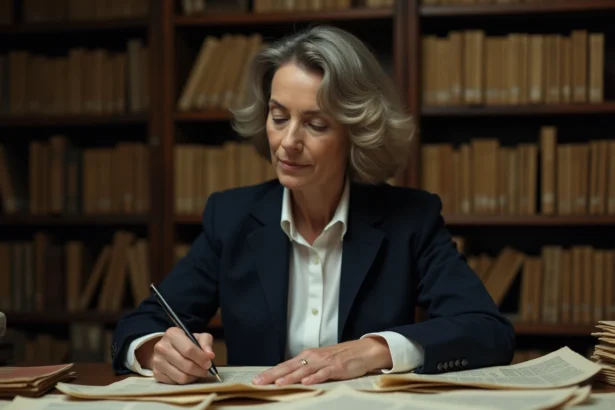Femme consultant des archives et documents anciens pour distinguer faits réels et fiction dans l'histoire de Ruth Finley