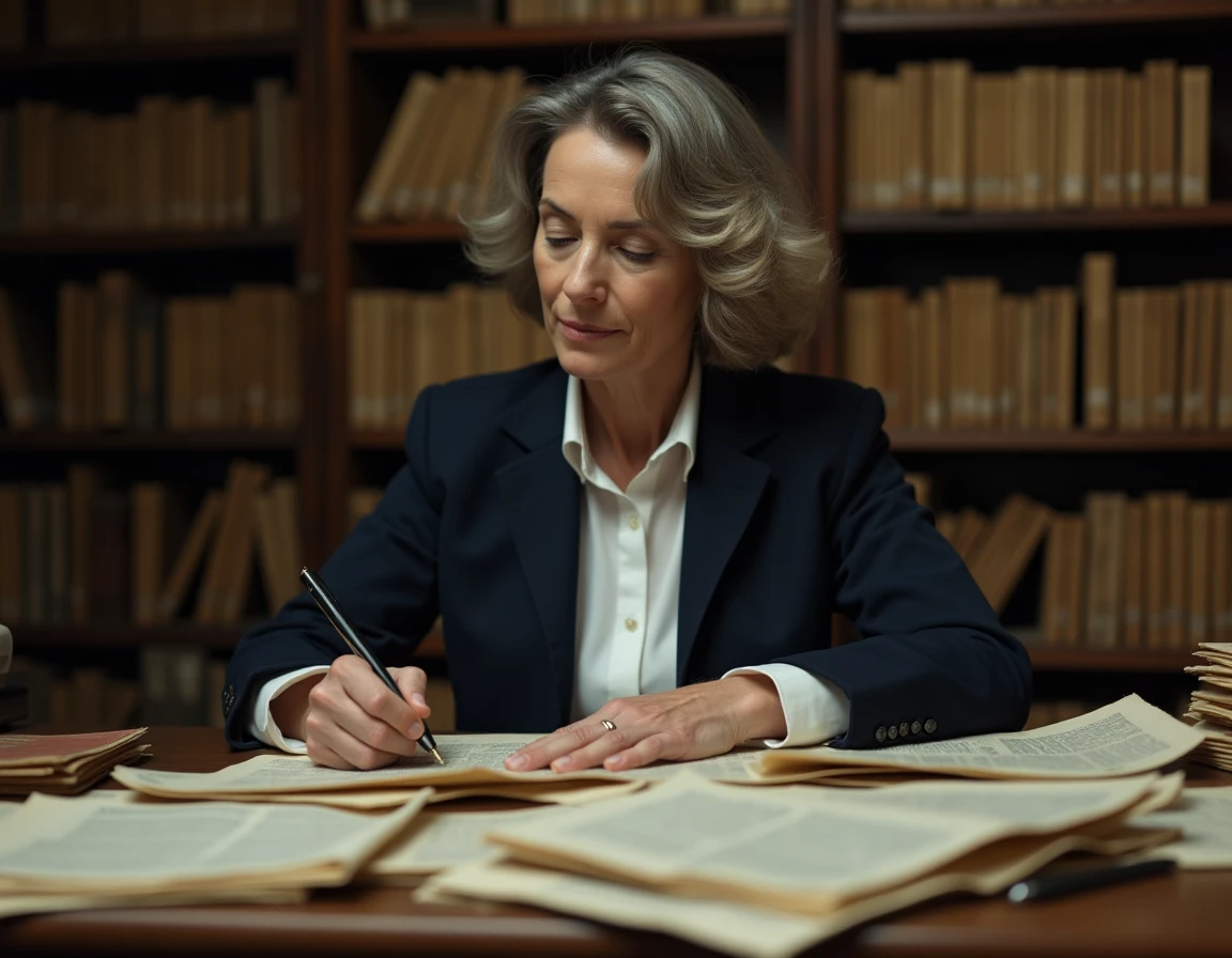 Femme consultant des archives et documents anciens pour distinguer faits réels et fiction dans l'histoire de Ruth Finley
