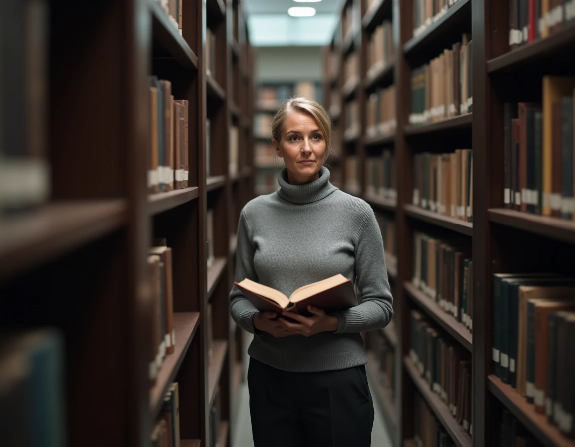 Femme en bibliothèque consultant un livre illustrant la recherche de vérité dans l'histoire vraie de Ruth Finley