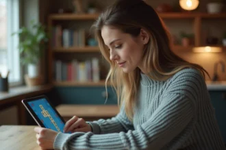 Femme jouant au Scrabble en ligne sur une tablette à la maison, illustrant le débat sur les mots autorisés dans les applications numériques