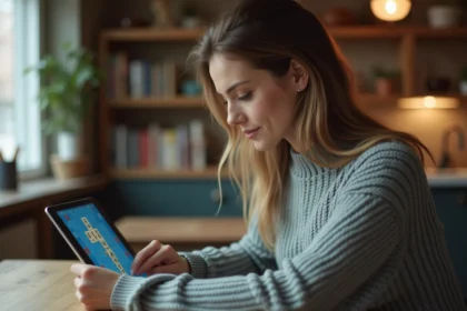 Femme jouant au Scrabble en ligne sur une tablette à la maison, illustrant le débat sur les mots autorisés dans les applications numériques