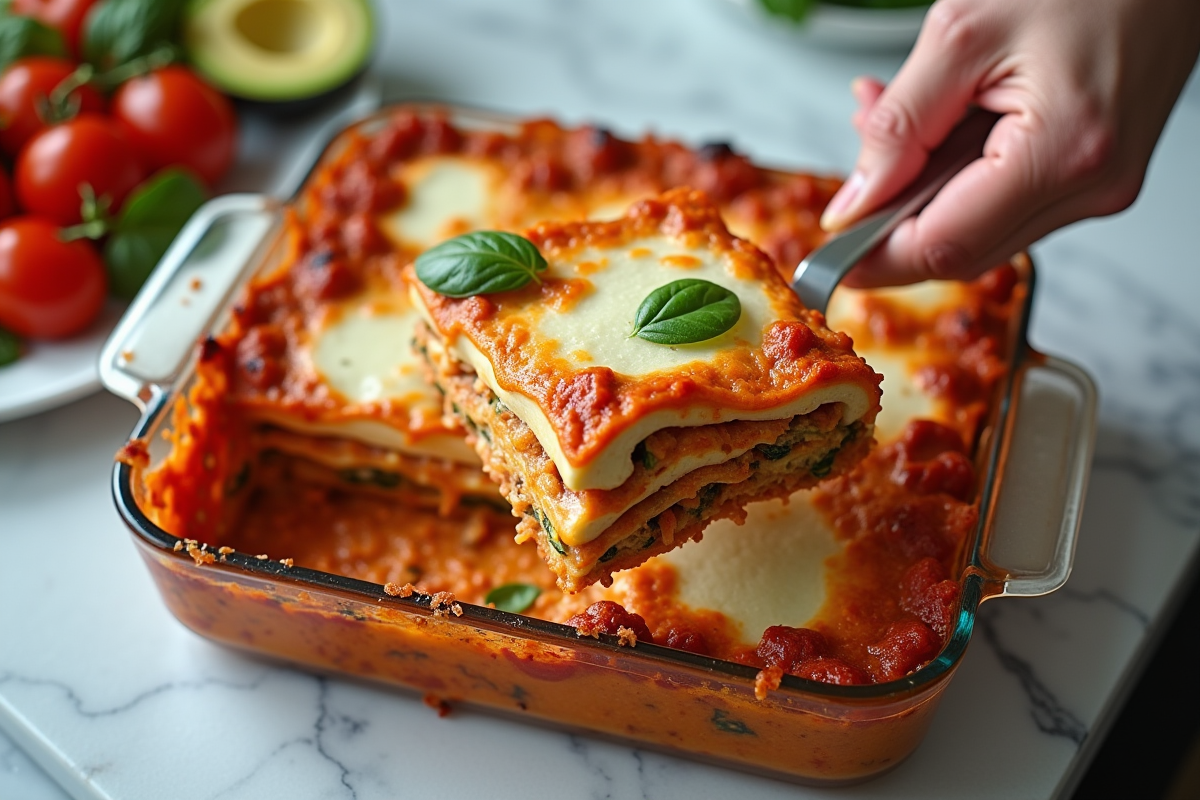 Main servant une portion de lasagne de courgettes sur un plan de travail