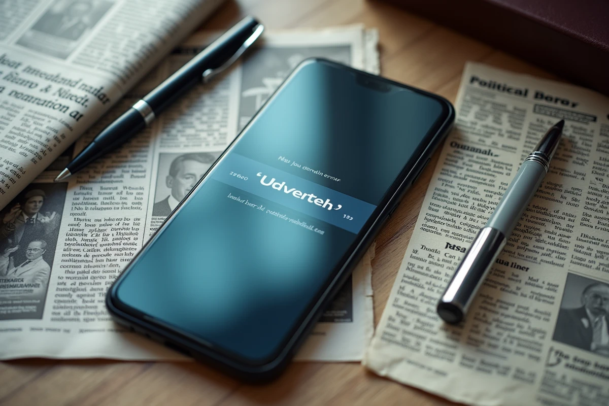Vue de dessus d'un smartphone affichant un site de détournement de domaine politique satirique entouré d'un journal et de notes manuscrites, symbolisant la culture virale du cybersquatting humoristique
