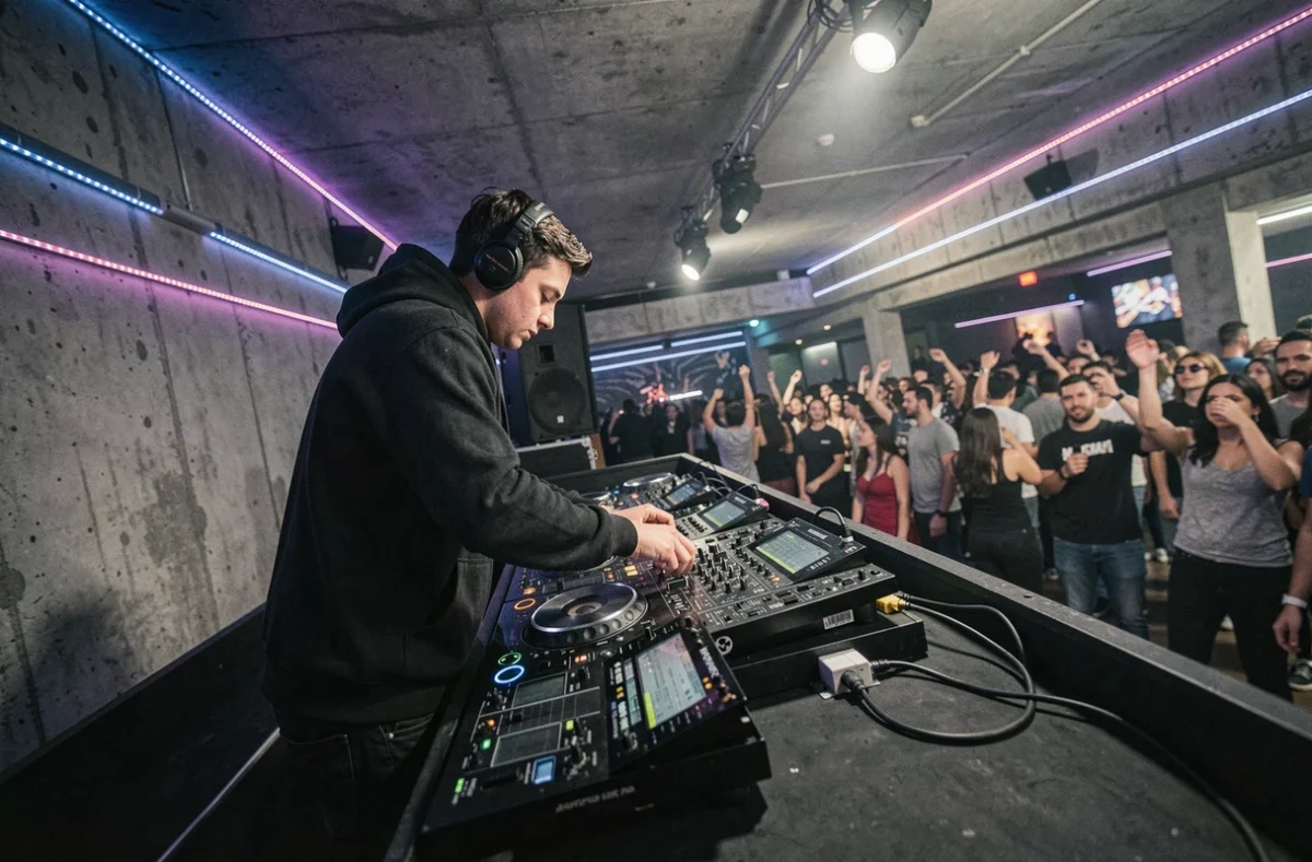 DJ en action lors d'une soirée électro dans un club moderne de Perpignan