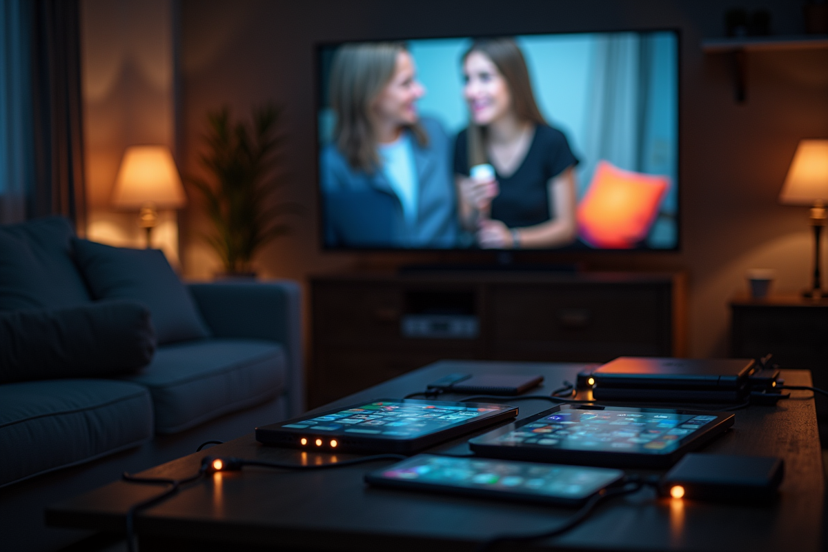 Famille à la maison avec appareils connectes et lumières tamisées