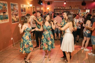 Soirée latina animée dans une discothèque de Perpignan avec des danseurs de salsa en tenue colorée