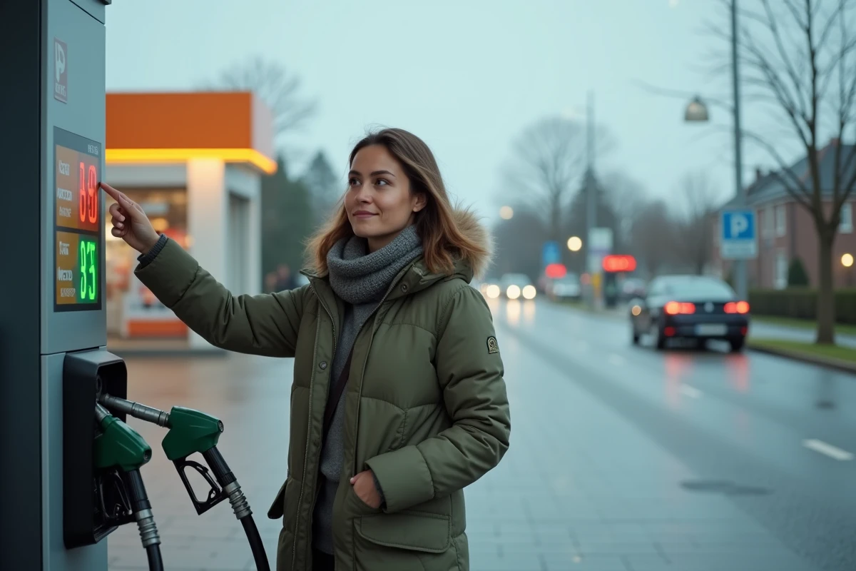 Femme faisant le plein de carburant à une station-service ouverte le dimanche en périphérie de Montpellier