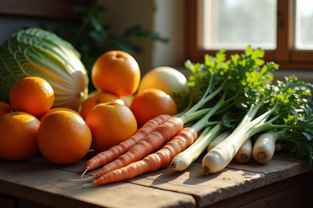 Table rustique avec fruits et légumes d'hiver frais