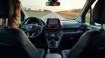 Tableau de bord lumineux et écran tactile dans une Peugeot Partner