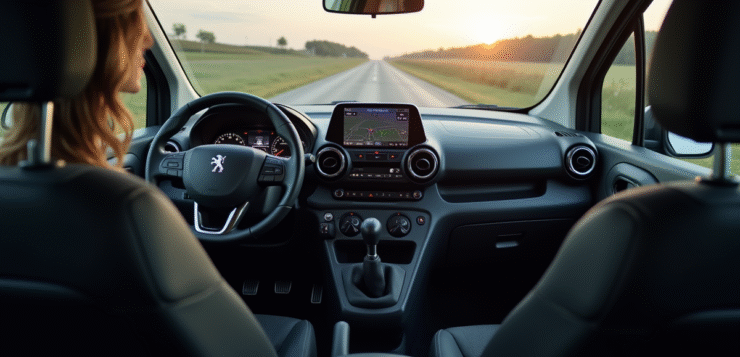 Tableau de bord lumineux et écran tactile dans une Peugeot Partner
