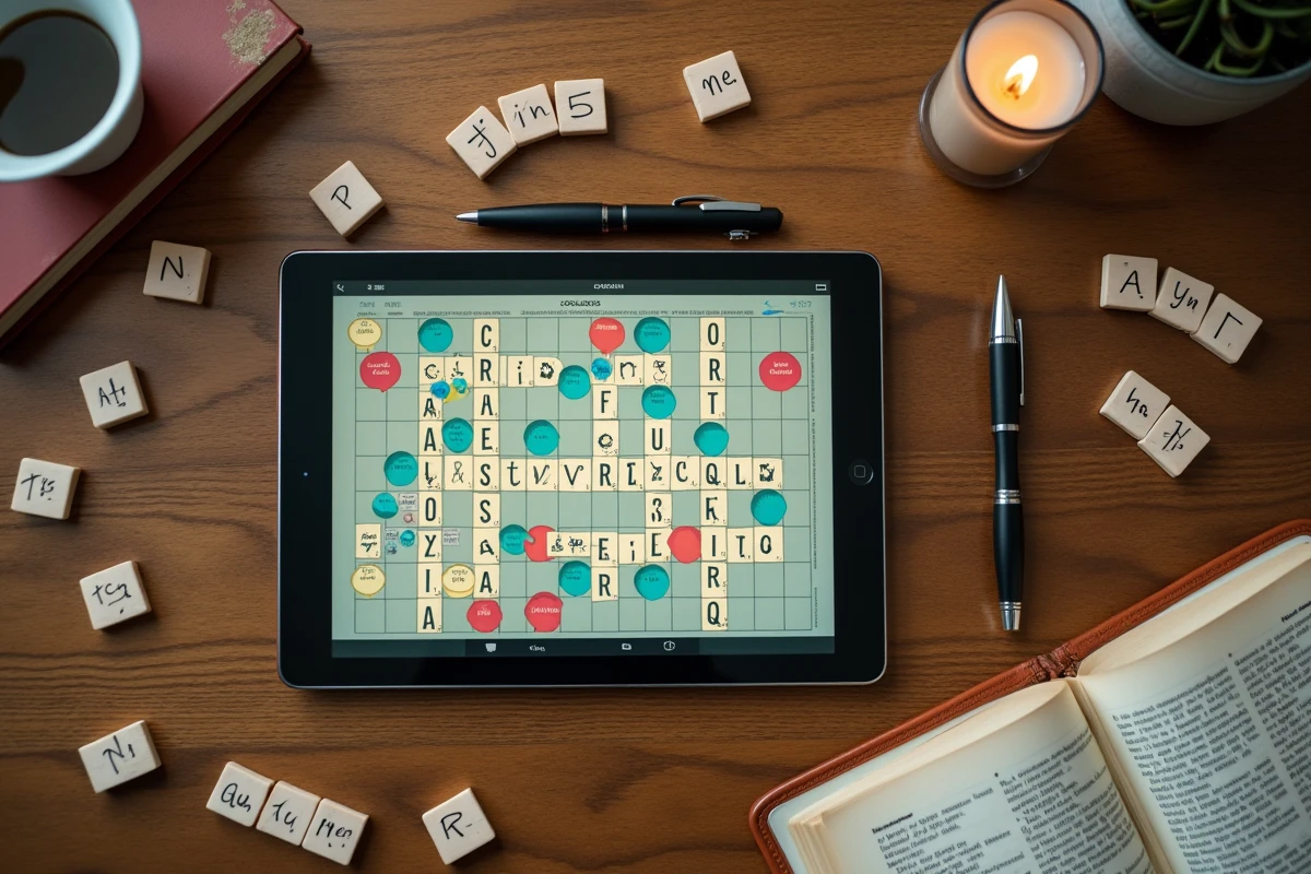 Vue de dessus d'une tablette affichant le jeu Codycross entourée de tuiles de lettres et de notes manuscrites sur une table en bois