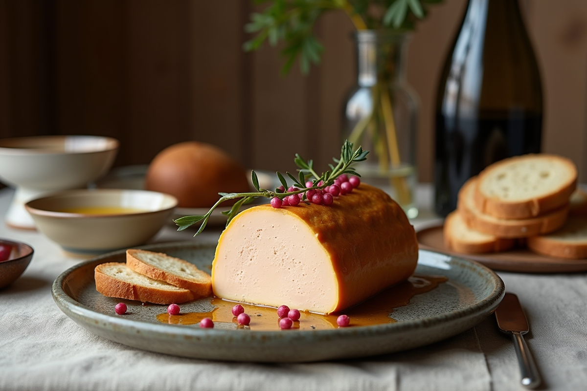 Terrine de foie gras garnie de poivrons roses et pain rustique