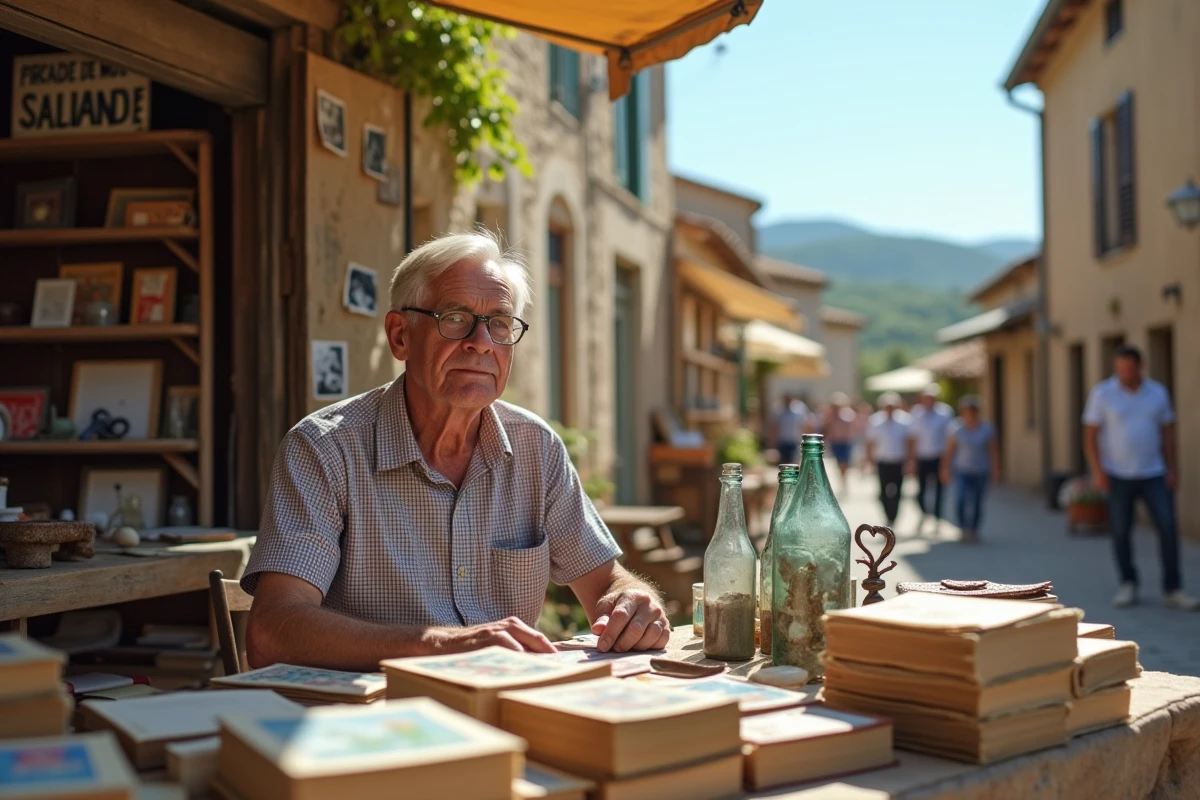 Vendeur de brocante dans un village du Lot-et-Garonne avec des objets anciens et cartes postales vintage