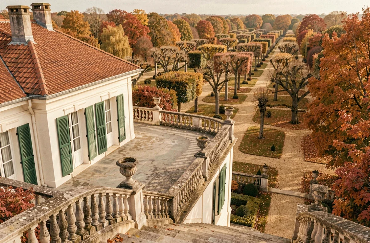 Villa de Chèvreloup dans les Yvelines avec sa terrasse à balustrades surplombant l'arboretum aux couleurs d'automne