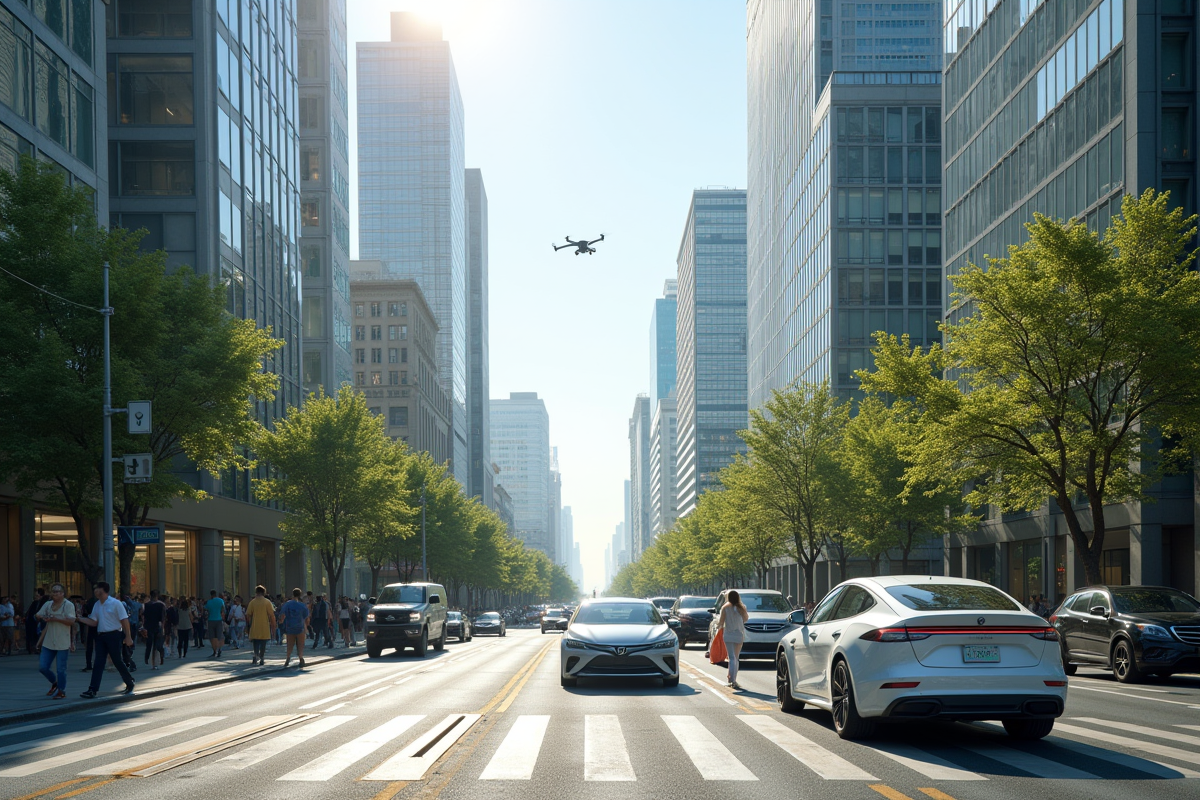 Rue urbaine avec véhicules autonomes et drones en 2025