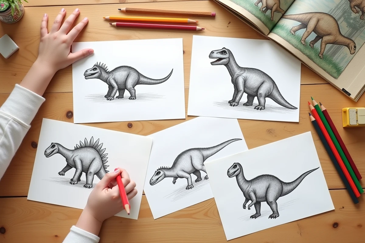 Vue aérienne de dessins de dinosaures faits à la main avec des crayons de couleur sur une table en bois