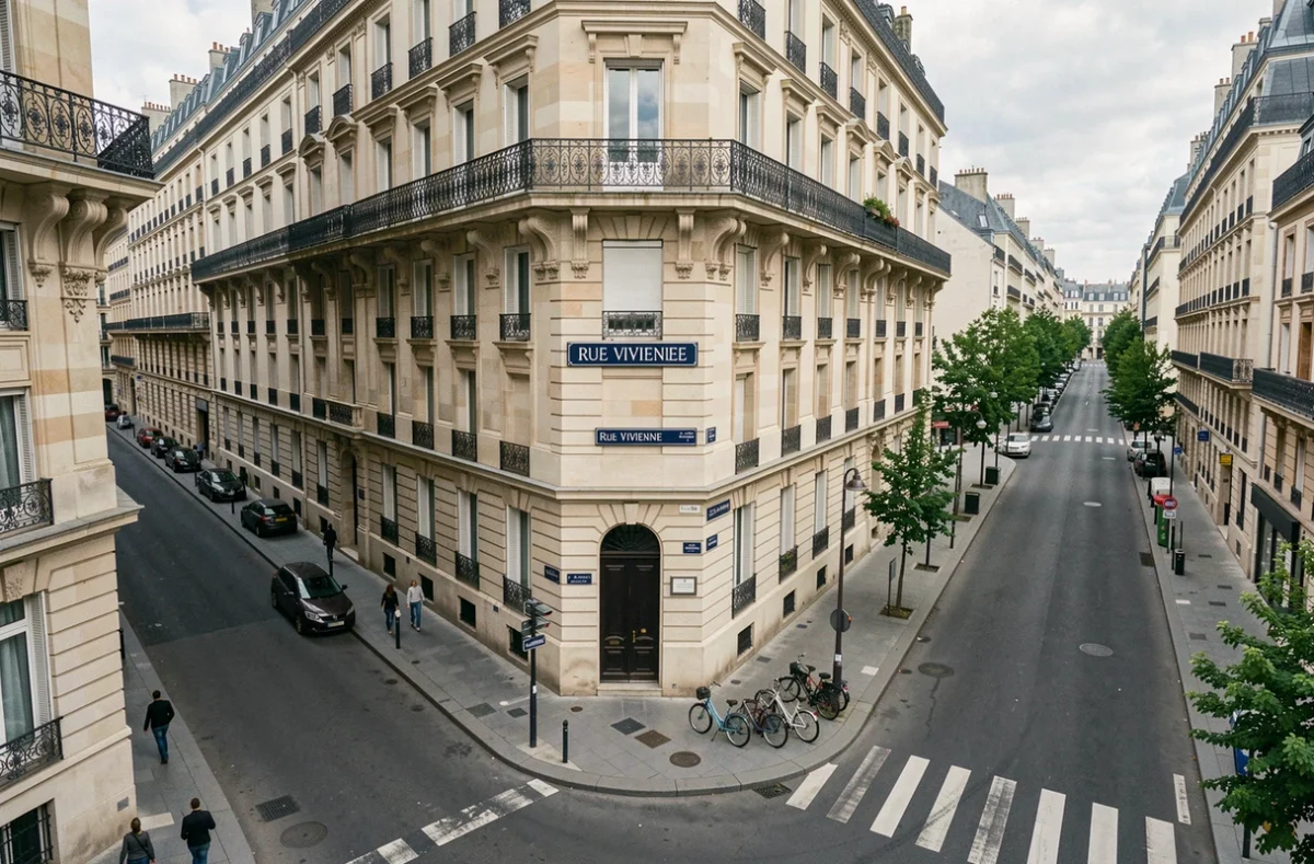 Vue de la Rue Vivienne dans le 2e arrondissement de Paris avec la plaque de rue et les façades haussmanniennes