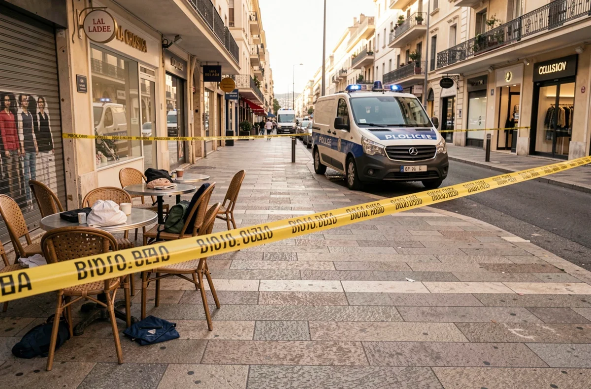 Zone piétonne déserte sur La Croisette à Cannes avec ruban de police et périmètre d'exclusion lors d'une alerte à la bombe